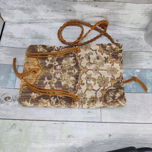 Small boho Crossbody Vintage Fold Over Bag Damask Fabric Braided Leather Strap - Picture 4 of 15